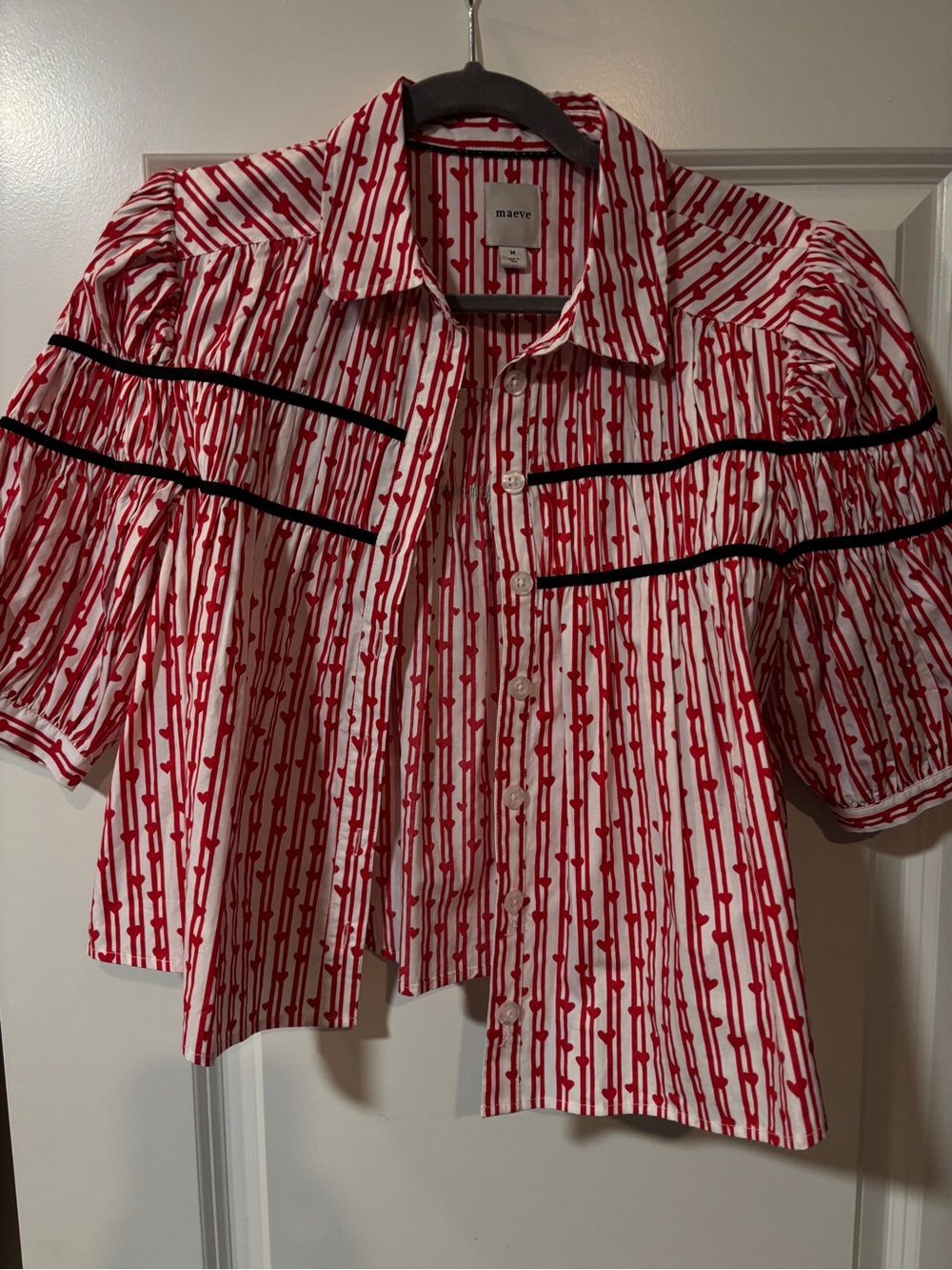 Maeve Red and White heart Striped Button-Front Puff Sleeve Top